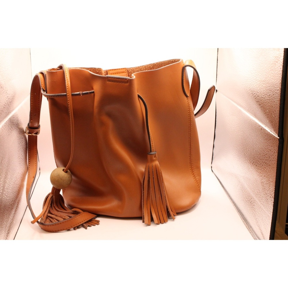 Cognac Leather Handbag w/ Tassels Bucket Drawstring Bag Tote